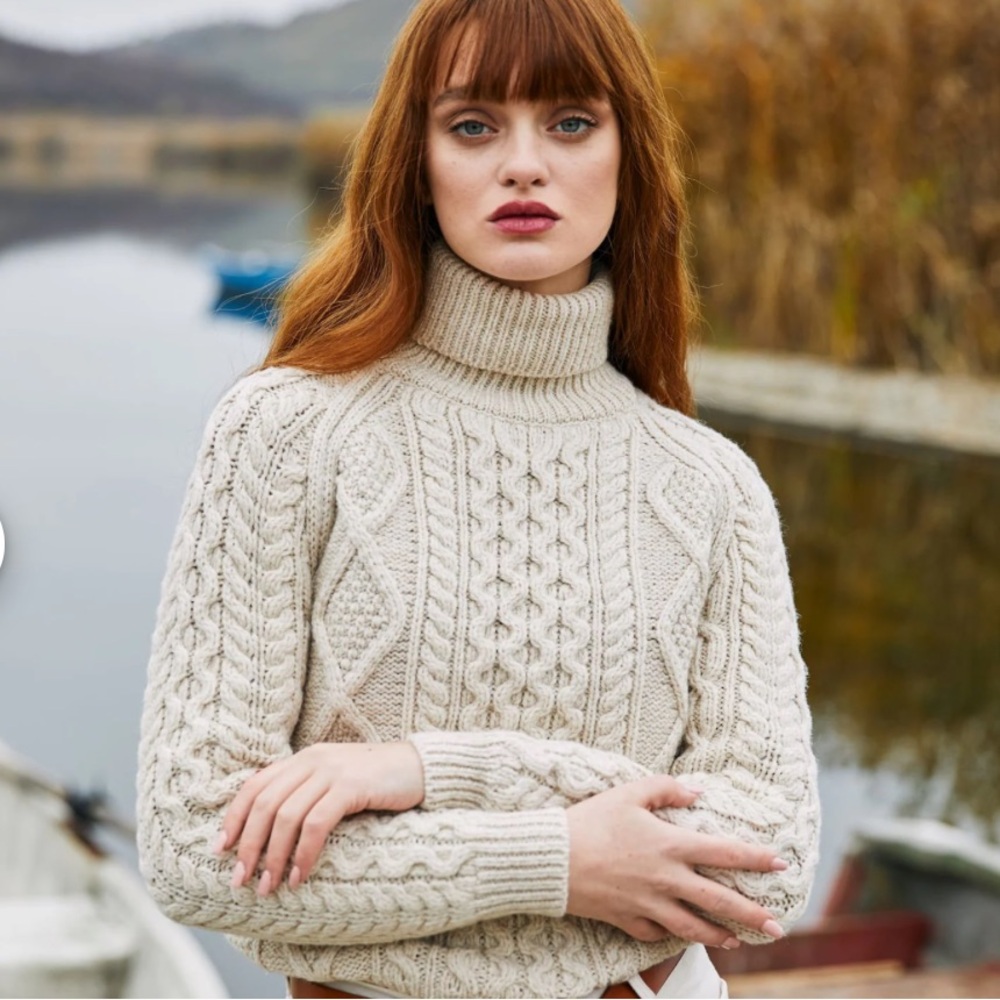 Saol Fisherman Aran Cable Knit Turtle Neck Sweater, Merino Wool Fisherman Jumper